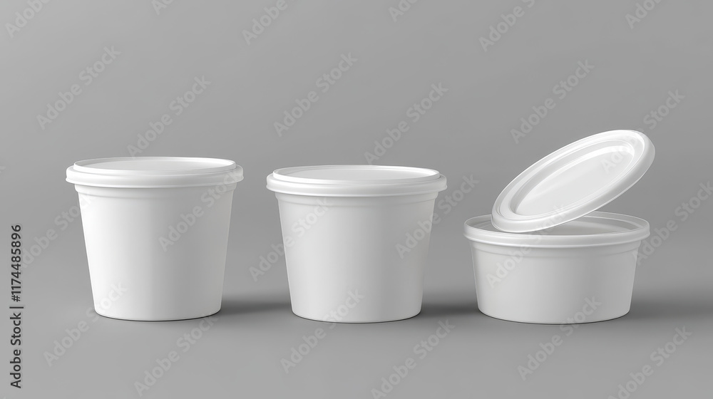 Poster 3d set of yogurt cups isolated on gray background. vector realistic illustration of plastic dairy pa
