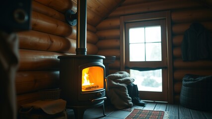 Cozy Cabin Wood Stove - Warm Interior, Bright Window