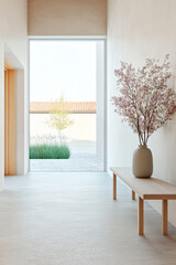 Minimalist interior design with a vase of flowers and a view of the garden