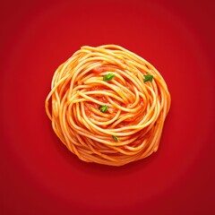A perfectly twirled serving of spaghetti on a vibrant red background, garnished with fresh herbs for a pop of color and flavor.