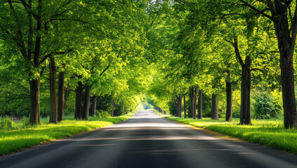 Fototapeta premium Sunlit road through lush green tree-lined avenue.