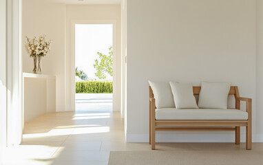 Stylish hallway with natural light and minimalist design featuring a wooden bench