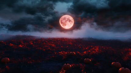 Spooky pumpkin field under a cloudy full moon with eerie fog