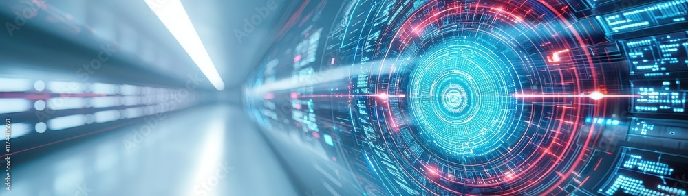 Poster a futuristic, digital tunnel with vibrant blue and red circular patterns, suggesting speed and advan