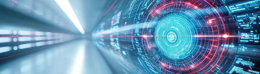 Fototapeta premium A futuristic, digital tunnel with vibrant blue and red circular patterns, suggesting speed and advanced technology.