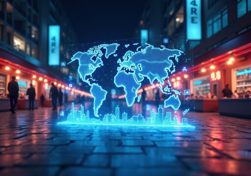 Digital world map illuminated over urban street at night with colorful lights - Powered by Adobe