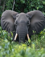 A majestic elephant stands among lush greenery, showcasing its impressive size and features.