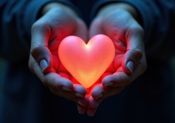 Obraz premium Hands Holding a Glowing Heart Shape with Soft Lighting in a Dark Background