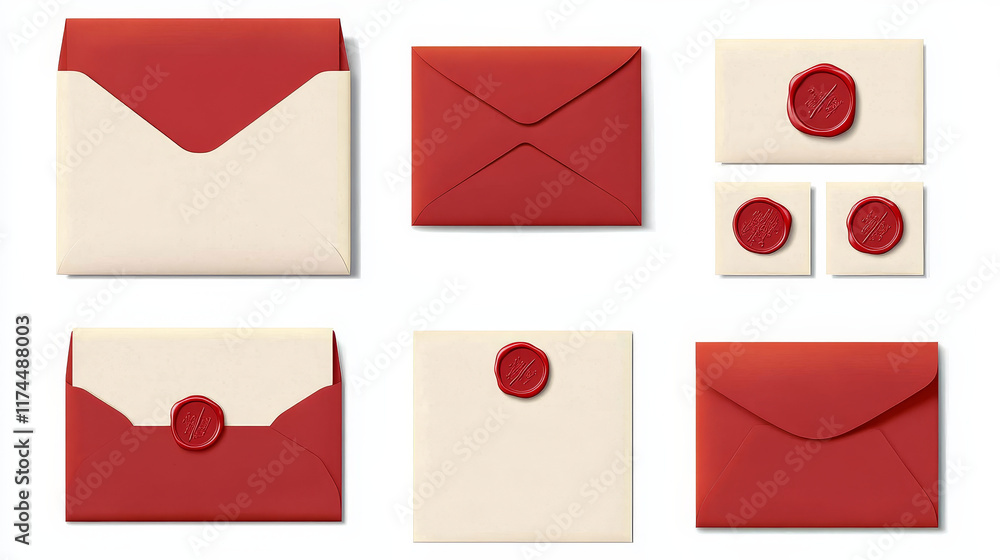 Poster white envelopes with red wax seal. vector realistic mockup of blank closed and open envelopes, lette