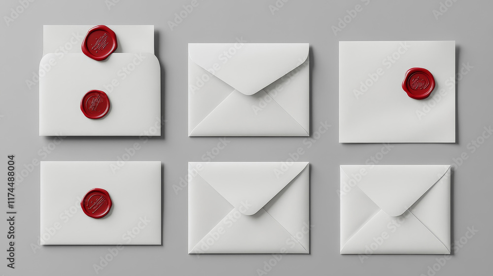 Poster white envelopes with red wax seal. vector realistic mockup of blank closed and open envelopes, lette