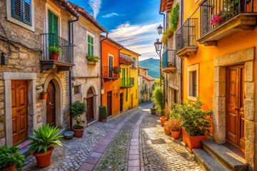 Fototapeta premium Charming Street Scene, Tramutola, Basilicata, Italy: Picturesque Italian Village with Copy Space