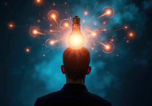 Creative idea generation with light bulbs exploding from a person's head at twilight