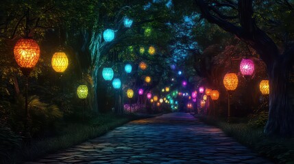 Obraz premium Magical Forest Pathway Illuminated by Enchanting Lanterns and Ethereal Glow