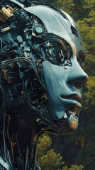 Close-up of a Futuristic Robot in a Forest
