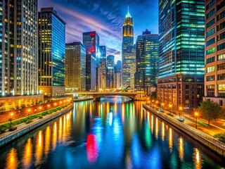 Fototapeta premium Chicago River Night Lights Rush Hour - Illuminated Cityscape
