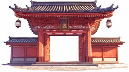 Obraz premium A striking traditional gate with intricate red architecture and decorative lanterns, symbolizing cultural heritage and welcoming visitors.