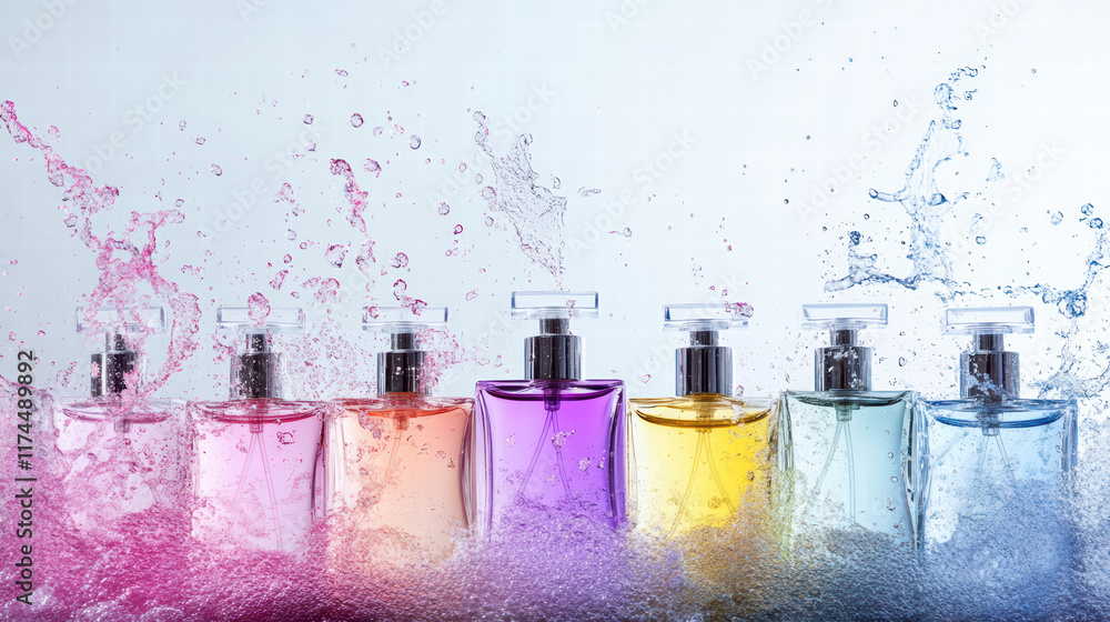 Poster artistic display of colorful perfume bottles with vibrant splashes of water, creating refreshing and