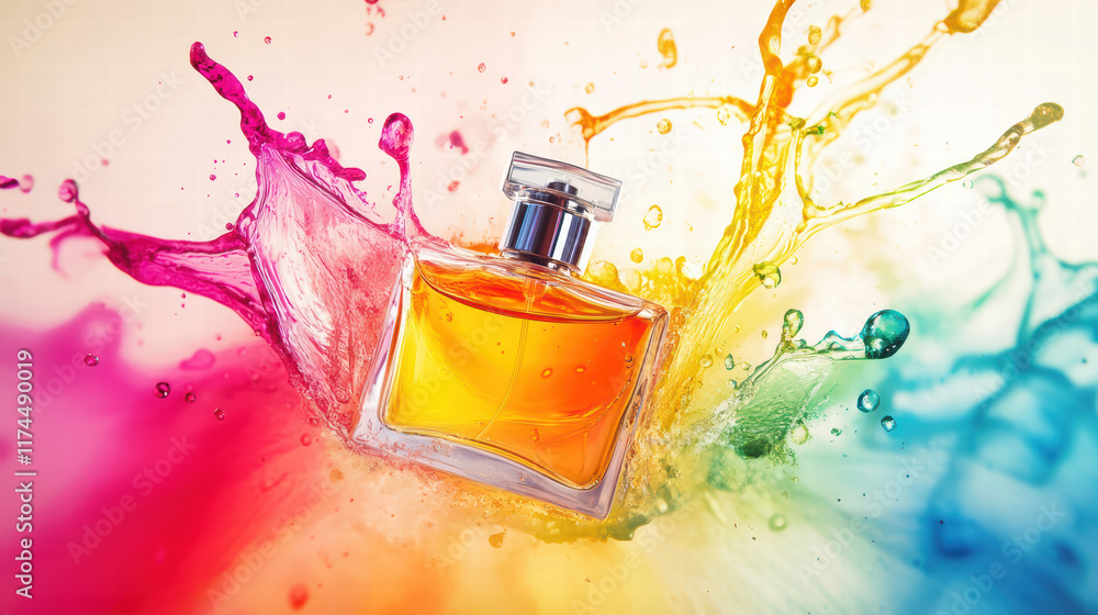 Poster artistic splash of perfume with vibrant colors and bottle in background, creating dynamic and refres