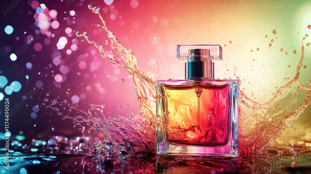Poster artistic splash of perfume with bottle in vibrant colors and water droplets, creating dynamic and re