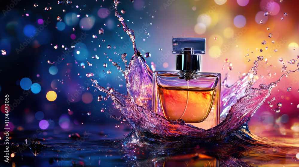 Poster artistic splash of perfume with bottle in background, creating vibrant and colorful scene filled wit