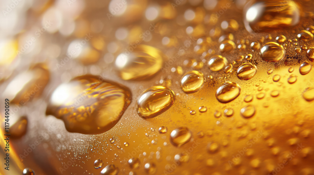 Poster close up of droplets on golden surface, showcasing texture and depth. soft focus enhances visual app