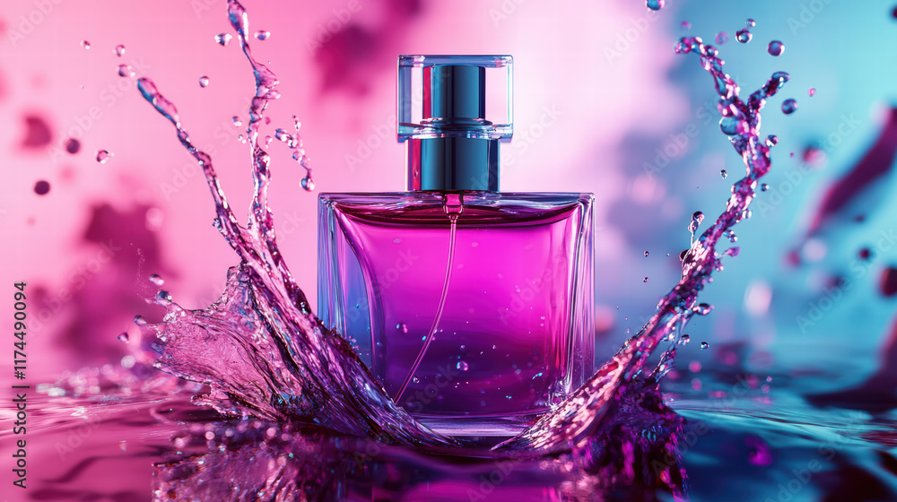 Poster artistic splash of perfume bottle with vibrant colors and water droplets, creating dynamic and refre