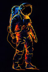 Vivid Neon Astronaut Figure Against a Dark Space Background