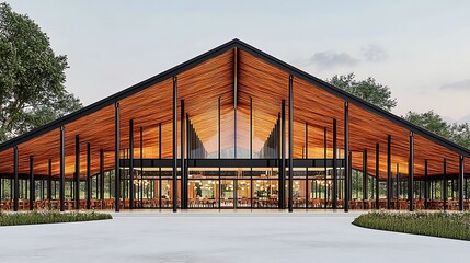 Obraz premium Modern architectural design of a large pavilion with wooden beams and glass walls.