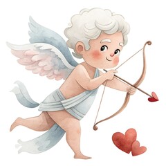 Obraz premium Watercolor cupid illustration featuring an angelic character with a bow and heart-shaped arrow surrounded by red hearts. Valentine's Day art
