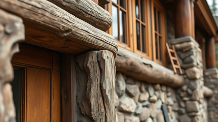 Rustic Log Cabin Exterior with Stone Foundation and Wooden Door