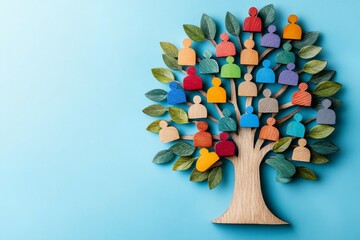 Colorful wooden figures forming a family tree on a blue background.