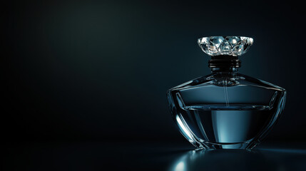 Elegant perfume bottle with crystal stopper, reflecting light against dark background, creating luxurious atmosphere