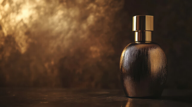 Elegant perfume bottle with metallic finish set against dark background, exuding luxury and sophistication. Perfect for showcasing beauty products
