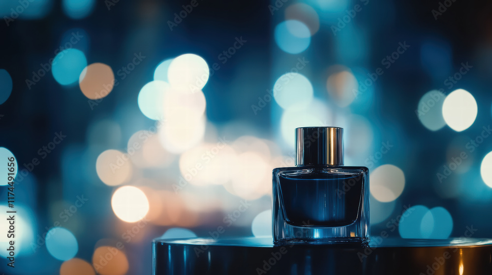 Poster soft focus image of perfume bottle with dreamy bokeh lights creates captivating atmosphere. elegant 