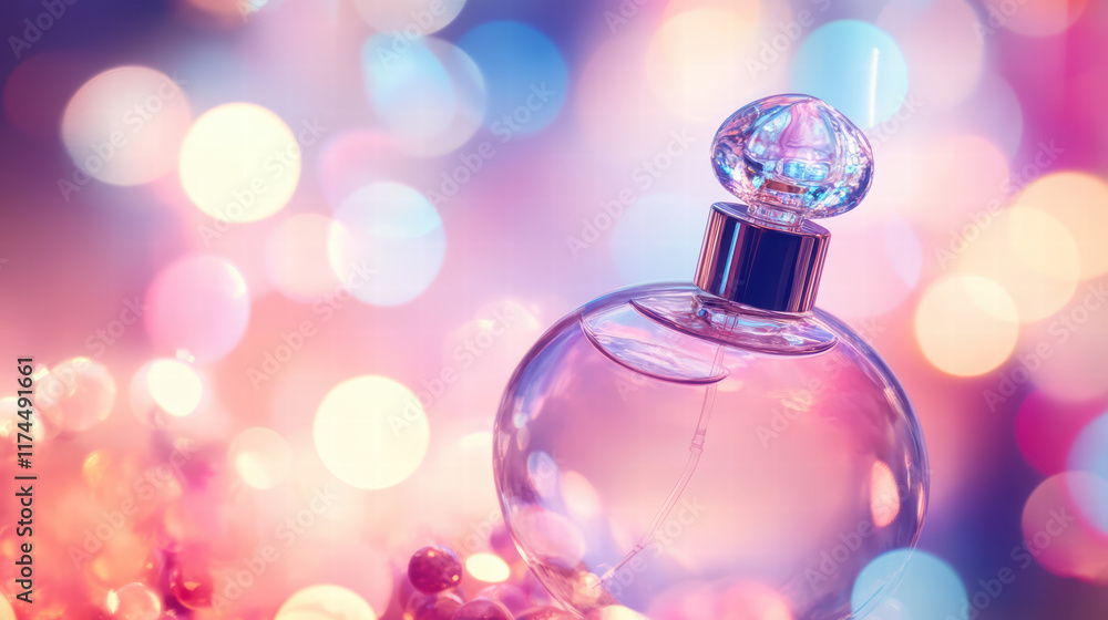 Poster soft focus image of perfume bottle with dreamy bokeh background, creating whimsical and enchanting a
