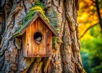 Fototapeta premium Close-up Aerial View of Bird Hollow in Tree Trunk, Rustic Birdhouse, Detailed Bark Texture