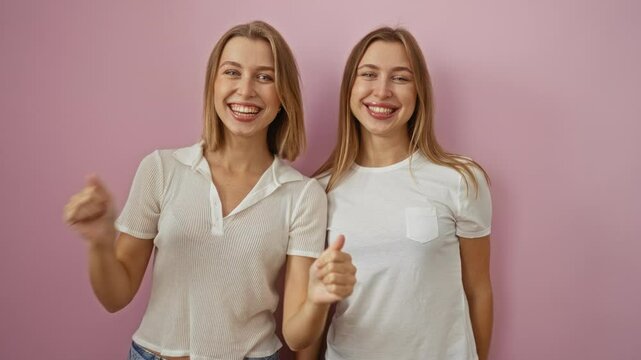 Smiling twin sisters celebrate joyfully against a pink wall, embodying female family love and happiness together.