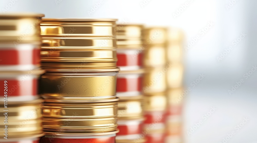 Poster neatly stacked rows of soup cans, white background
