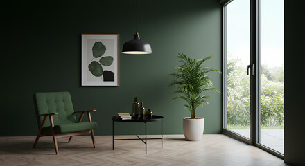 A minimalist room with a green chair, a black table, and a plant next to large glass doors.