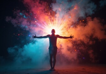 Colorful cosmic explosion with a silhouetted figure in a vibrant atmosphere