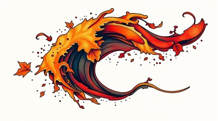 A symbolic traditional tattoo art print in warm autumn colors, depicting a swirling cascade of abstract waves resembling data streams.  Smooth, rhythmic flow distorted by pixelation and glitch effects