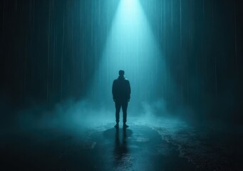Person standing in dark space illuminated by dramatic light shafts