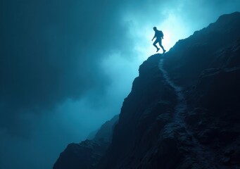 Obraz premium Hiker explores rocky terrain under a mystical blue light at dawn in the mountains