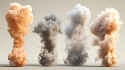 Dust spray, white smoke, powder explosion with particles. Flow mist, smoky stream trail, aroma or toxic clouds, steaming chemical or cosmetics product vapour. Realistic 3d vector isolated clip art set