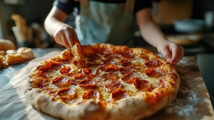 National Pizza Day: A delicious pepperoni pizza fresh out of the oven on a rustic wooden table.