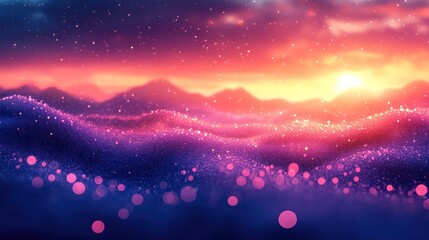 Magical sunset over glittering, wavy landscape.