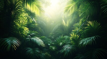 Lush Tropical Jungle: Vibrant 3D Render, Sunlight Filtering Through Dense Foliage. AI Generated