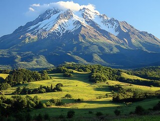 Naklejka premium Majestic Mountain Soaring High Above Verdant Valley: Breathtaking Wide Shot Photo. AI Generated