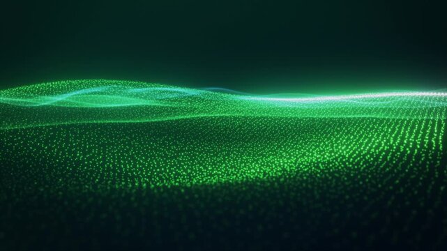 Green tech background of digital abstract wave and shining green particles, futuristic animation