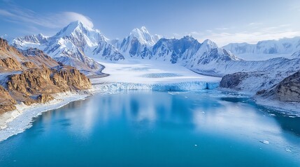 Obraz premium Stunning Wide Shot Photo: Serene Glacial Lake Nestled Among Majestic Snow-Capped Mountains. AI Generated